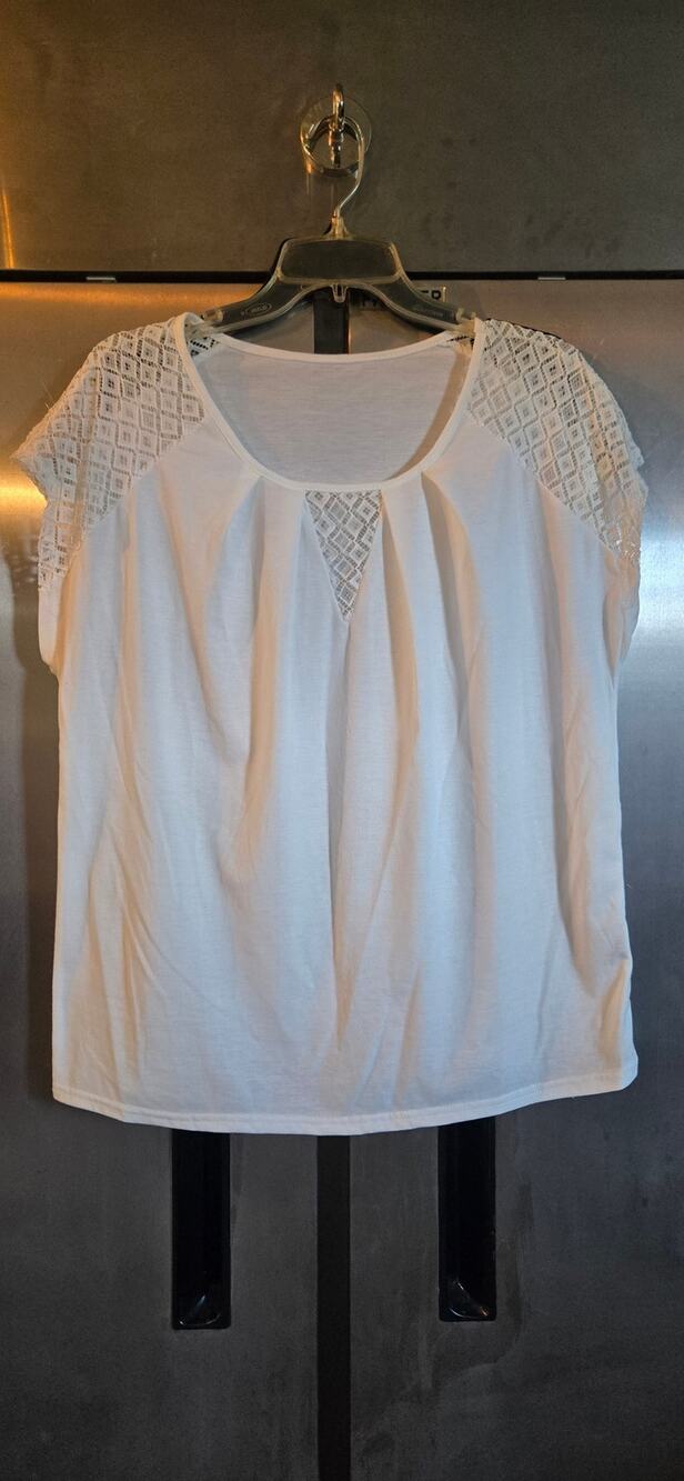 Shein White Crochet Lace Shoulder Pleated Cap Sleeve Top Size XL